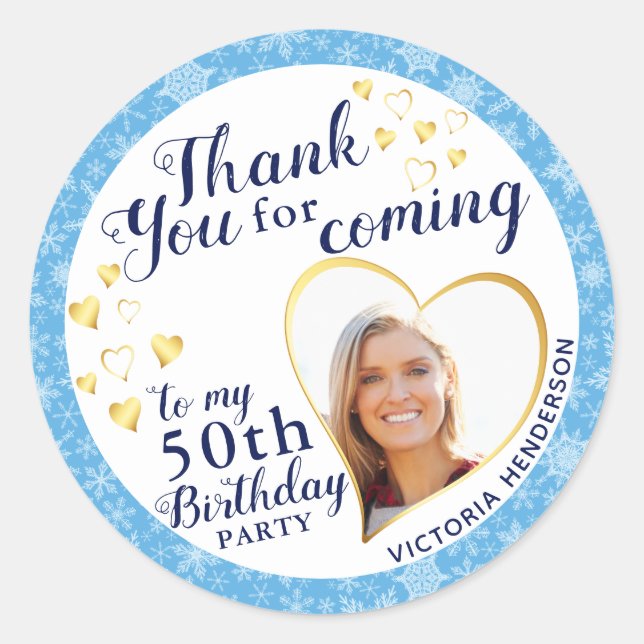  50th Birthday Blue Winter Favor Thank You Classic Round Sticker (Front)