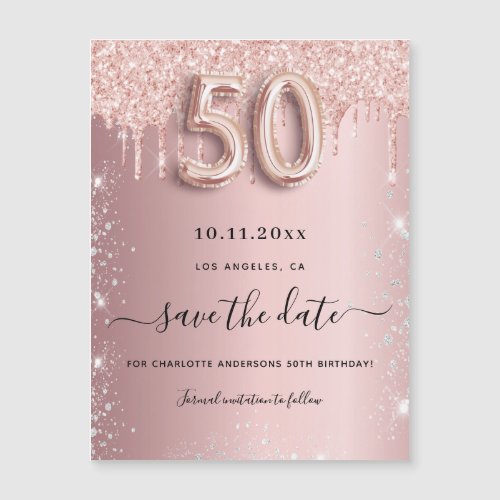 50th birthday blush glitter save the date magnet