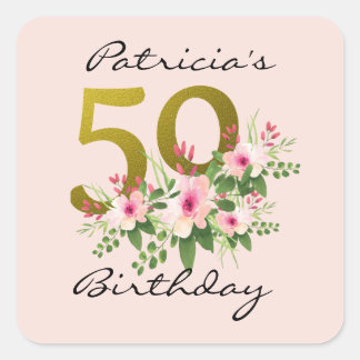  50th Birthday Blush Pink Floral Gold Glitter Square Sticker