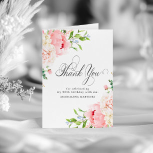 50th Birthday Blush Pink Peony Floral Folded Letterpress Thank You Card