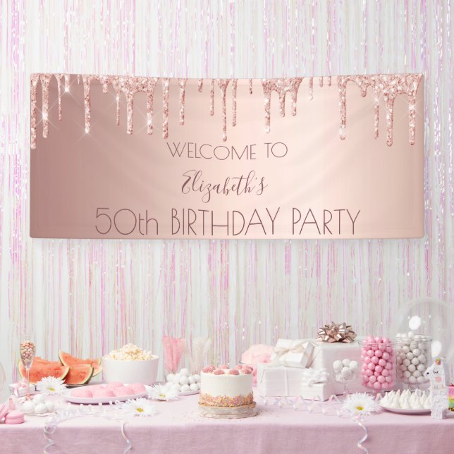 50th birthday blush rose gold glitter drips name banner (Party)