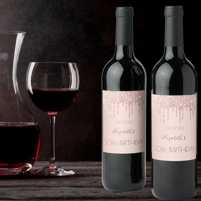 50th birthday blush rose gold glitter drips name wine label (Creator Uploaded)