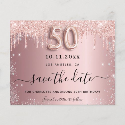 50th birthday blush silver budget save the date flyer