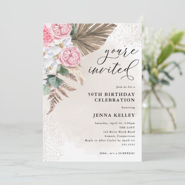50th Birthday Boho Tropical Foliage and Flowers Invitation (Standing Front)