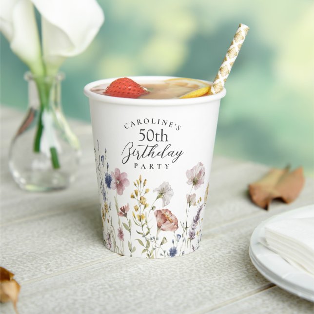 50th Birthday Boho Wildflowers Watercolor Floral Paper Cups (Insitu)