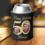 50th birthday bold black gold 2 photos name can cooler<br><div class="desc">Trendy funny bold typography 50th birthday personalized photo and name party supply can cooler. Easy to customize with your text and 2 pictures.</div>