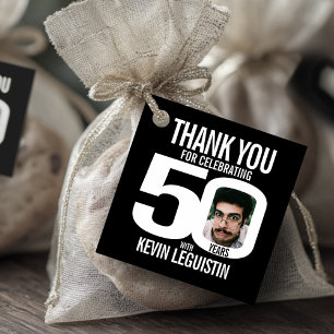 50th birthday bold black white photo favor tags