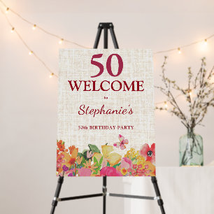 50th Birthday Bold Floral Linen Welcome Sign