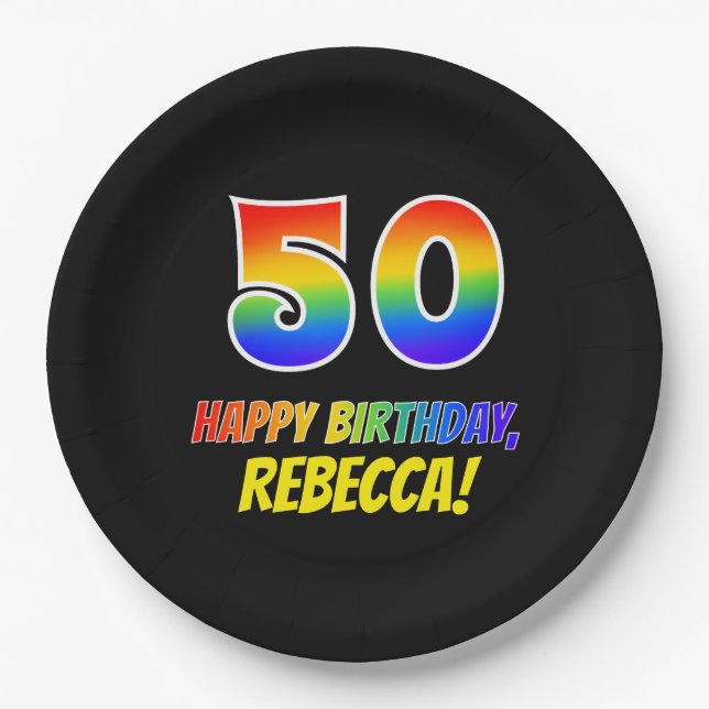 50th Birthday: Bold, Fun, Simple, Rainbow 50 Paper Plates (Front)
