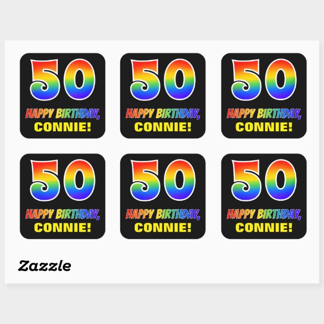 50th Birthday: Bold, Fun, Simple, Rainbow 50 Square Sticker (Sheet)