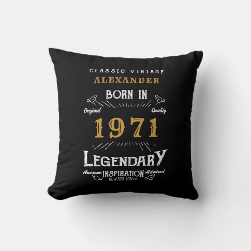 50th Birthday Born 1971 Retro Black Personalized Throw Pillow