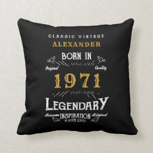 50th Birthday Born 1971 Retro Black Personalized Throw Pillow