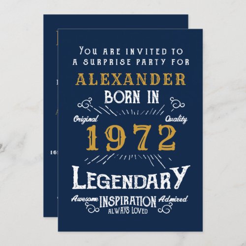 50th Birthday Born 1972 Blue Gold Retro Vintage Invitation