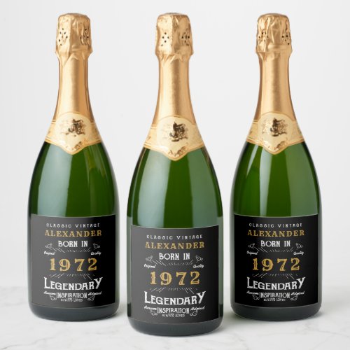  50th Birthday Born 1972 Vintage Black Gold Sparkling Wine Label
