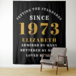 50th Birthday Born 1973 Add Name Black Gold Large Tapestry<br><div class="desc">Personalized Birthday add your name and year tapestry. Edit the name and year with the template provided. A wonderful custom birthday party accessory. More gifts and party supplies available with the "setting standards" design in the store.</div>
