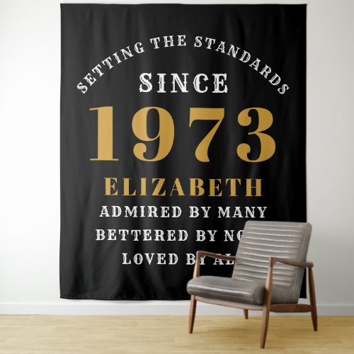 50th Birthday Born 1973 Add Name Black Gold Large Tapestry