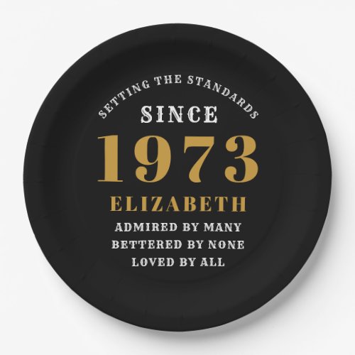 50th Birthday Born 1973 Add Name Black Gold Paper Plates