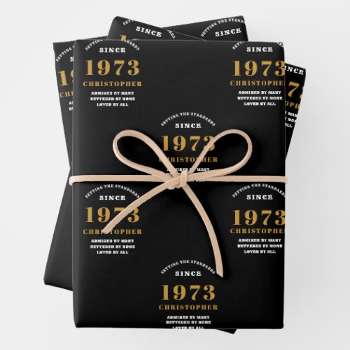 50th Birthday born 1973 Add Name Black Gold Wrapping Paper Sheets