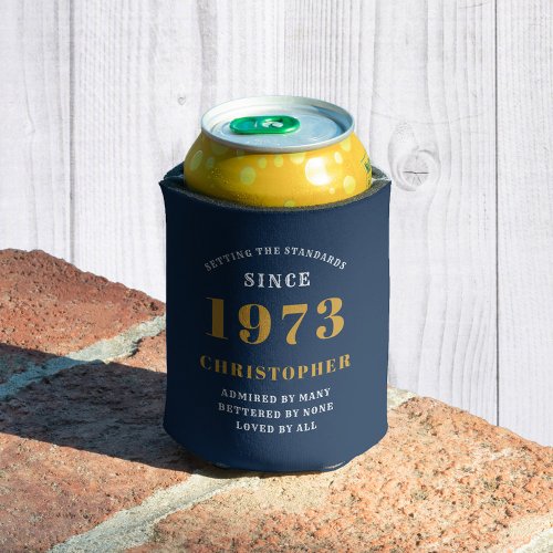 50th Birthday Born 1973 Add Name Blue Gold Can Cooler