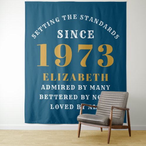 50th Birthday Born 1973 Add Name Blue Gold Large Tapestry