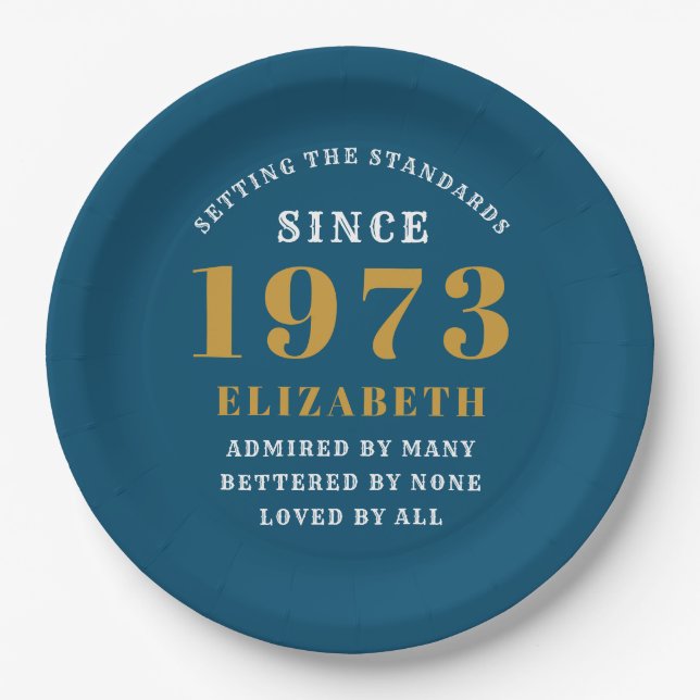 50th Birthday Born 1973 Add Name Blue Gold Paper Plates (Front)