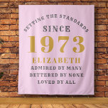 50th Birthday Born 1973 Add Name Pink Gray Large Tapestry<br><div class="desc">Celebrate the special occasion of a 50th birthday with this luxurious pink and gray wall banner, perfect for personalizing with name and year of your birth, 1973. This large tapestry is adorned with a beautiful, unique design and a stylish font for a memorable, one-of-a-kind birthday celebration. Showcase this special keepsake...</div>
