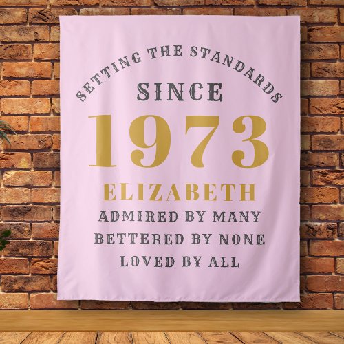 50th Birthday Born 1973 Add Name Pink Gray Large Tapestry