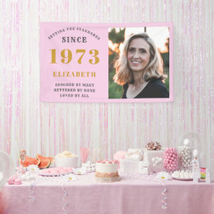 50th Birthday Born 1973 Add Name Pink Gray Photo Banner