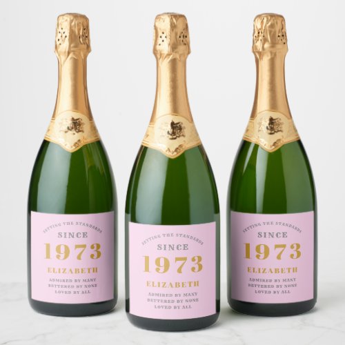 50th Birthday Born 1973 Add Name Pink Gray Sparkling Wine Label