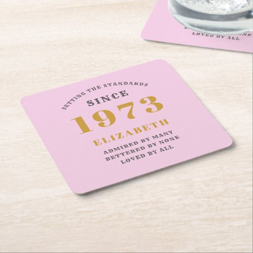 50th Birthday Born 1973 Add Name Pink Gray Square Paper Coaster