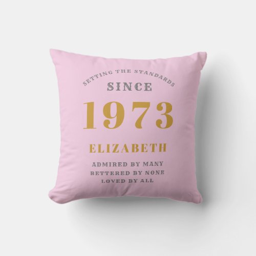 50th Birthday Born 1973 Add Name Pink Gray Throw Pillow
