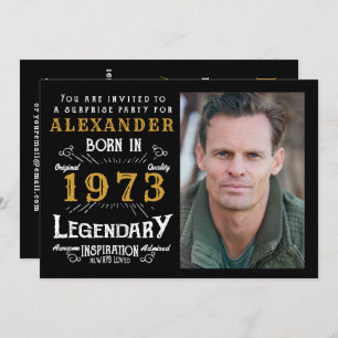 50th Birthday Born 1973 Black Gold Retro Photo Invitation