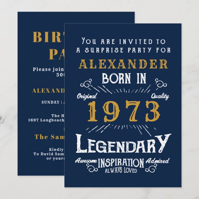 50th Birthday Born 1973 Blue Gold Retro Invitation (Front/Back)