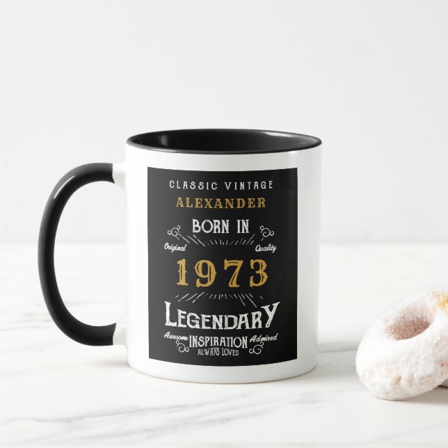 50th Birthday Born 1973 Retro Black Personalized Mug (With Donut)