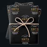 50th Birthday born 1975 Add Name Black Gold Wrapping Paper Sheets<br><div class="desc">A personalized wrapping paper design for that birthday celebration for a special person. Add the name to this vintage retro style black and gold design for a custom birthday gift. Easily edit the name and year with the template provided. A wonderful custom birthday gift. More gifts and party supplies for...</div>
