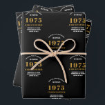 50th Birthday born 1975 Add Name Black Gold Wrapping Paper Sheets<br><div class="desc">A personalized wrapping paper design for that birthday celebration for a special person. Add the name to this vintage retro style black and gold design for a custom birthday gift. Easily edit the name and year with the template provided. A wonderful custom birthday gift. More gifts and party supplies for...</div>