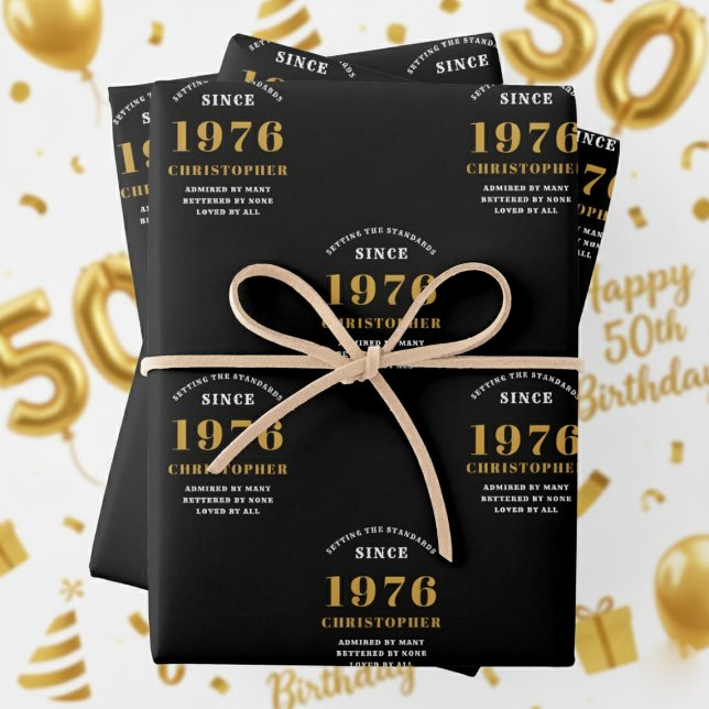 50th Birthday born 1976 Add Name Black Gold Wrapping Paper Sheets (1976 Wrapping paper. White and gold background.)