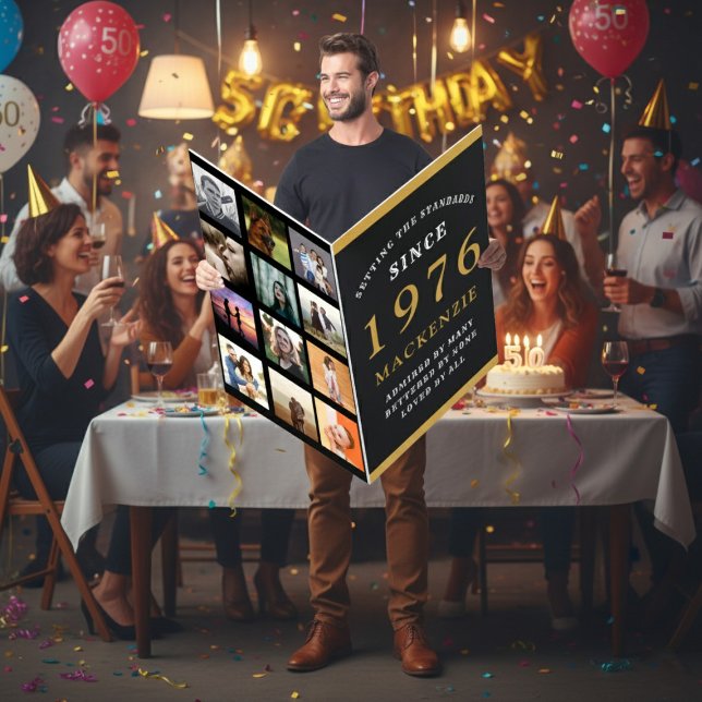 50th Birthday Born 1976 Photo Template Giant Dad Card (1976 birthday card held by a man at a party.)