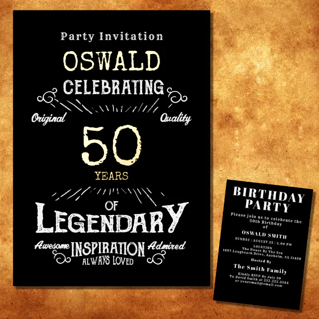 50th Birthday Born Legendary Black Gold Retro Foil Invitation 