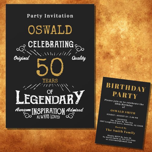 50th Birthday Born Legendary Black Gold Retro Invitation