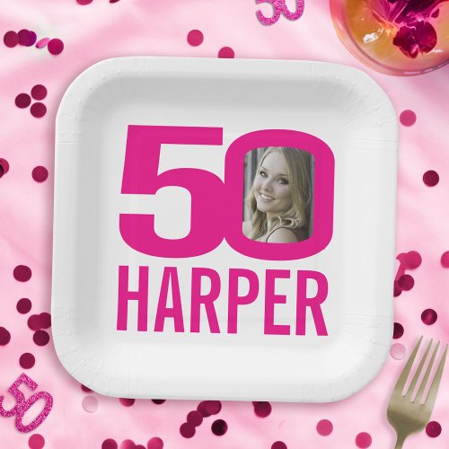 50th birthday bright pink white 50 custom photo paper plates