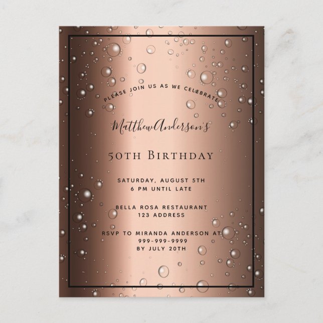 50th Birthday bronze brown black bubble invitation Postcard (Front)