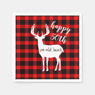 50th Birthday Buck Deer Silhouette Buffalo Plaid Napkins