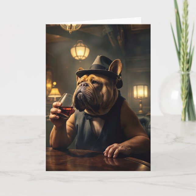 50th Birthday Bulldog Holding a Drink Card (Front)
