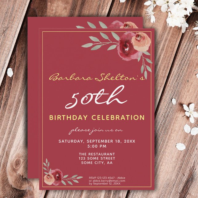 50th Birthday Burgundy Floral Birthday Party Invitation (Creator Uploaded)
