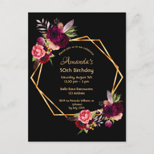 50th birthday burgundy floral black invitation postcard