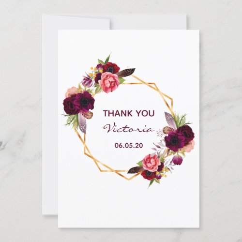 50th birthday burgundy floral white thank you card