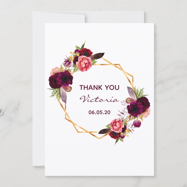 50th birthday burgundy floral white thank you card (Front)