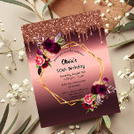 50th birthday burgundy florals glitter invitation postcard<br><div class="desc">On front: An invitation for a 50th birthday party. A burgundy colored faux metallic looking background with a faux gold geometric frame. Decorated with dark purple and burgundy flowers, roses and boho style feathers. Faux copper glitter drip. Templates for a name and party details. The name is written with a...</div>