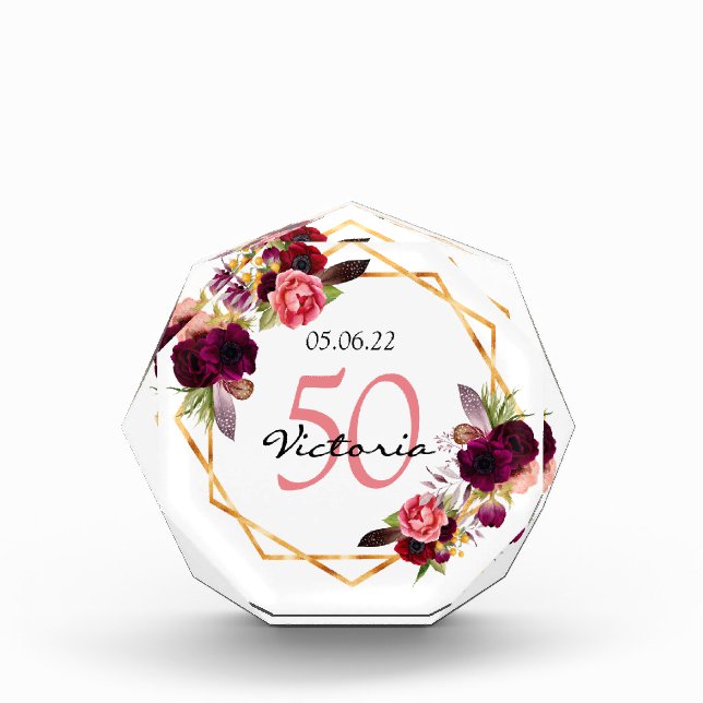 50th birthday burgundy florals gold glam acrylic award (Front)